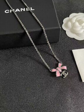 Chanel Pink Bow & Crystal CC Logo Silver Necklace